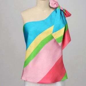Lilly Pulitzer Top Silk One Shoulder Striped Barbie Pink Blue Yellow Bow Girlie